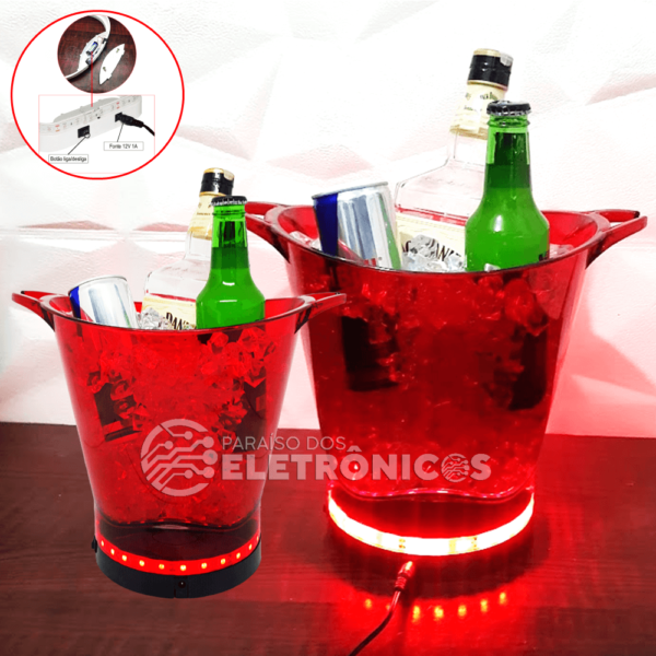 Balde Gelo Personalizado Com Led Vermelho 5 Litros Para Bebidas Com Suporte Para Taças AP1012VM - Image 3