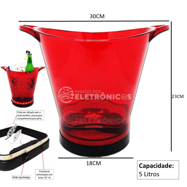 Balde Gelo Personalizado Com Led Vermelho 5 Litros Para Bebidas Com Suporte Para Taças AP1012VM - Image 4