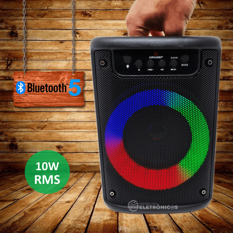 Caixa de Som Com Rádio FM Potente 10W Luzes LED RGB Bluetooth Entrada ...