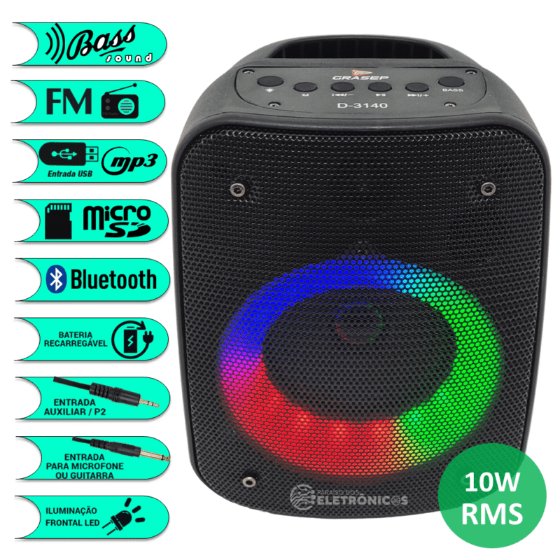 Caixa de Som Luminosa Bluetooth Rádio FM e Conexão Microfone e Pendrive ...