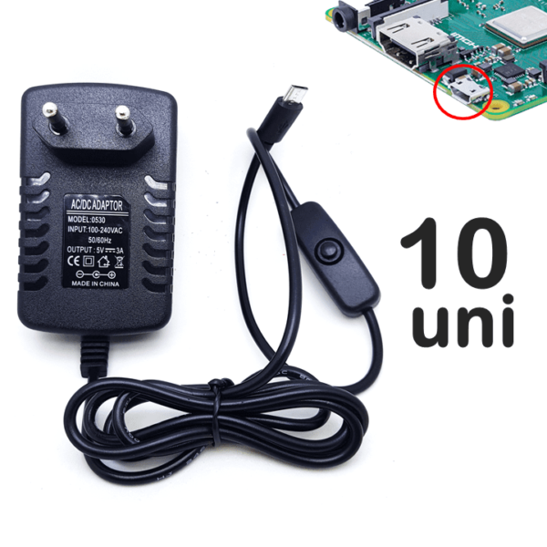 Caixa Com 10 Fontes 5v 3A Micro-USB 3.1 Conector V8 Para Raspberry Pi 2 Pi 3 Pi 3b Botão Liga/Desligar U1001