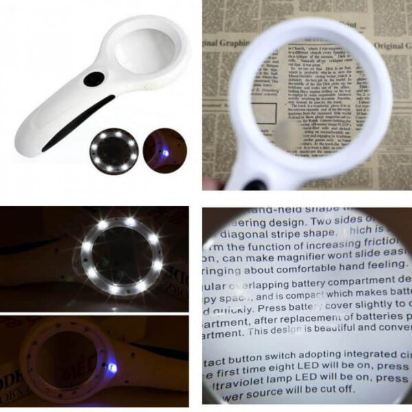 Lupa De Mão 8cm 8 LED Branco E 1 UV Para Identificação Ampliação Leitura Aumento Zoom 95-88 - Image 3