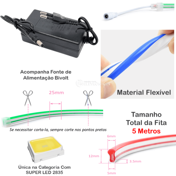 Fita Neon Iluminação 5 Metros Efeito Florescente Verde LED 2835 Com Fonte 12V 3A DY126 DY105 - Image 4