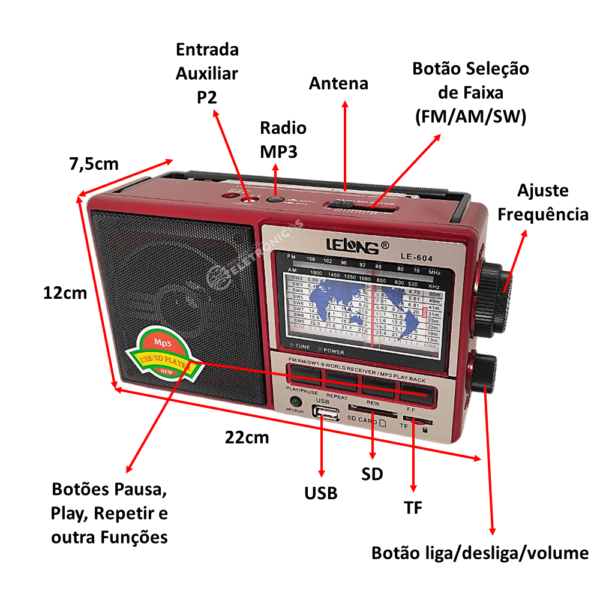 Rádio Portátil 11 Faixas USB SD AM FM Recarregável LE604VM - Image 4