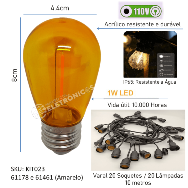 Kit Varal Iluminado Com 20 Lâmpadas LED S14 Retrô Econômica 1W 110v 10 Metros Amarelo - KIT023 - Image 2