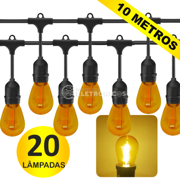 Kit Varal Iluminado Com 20 Lâmpadas LED S14 Retrô Econômica 1W 110v 10 Metros Amarelo - KIT023