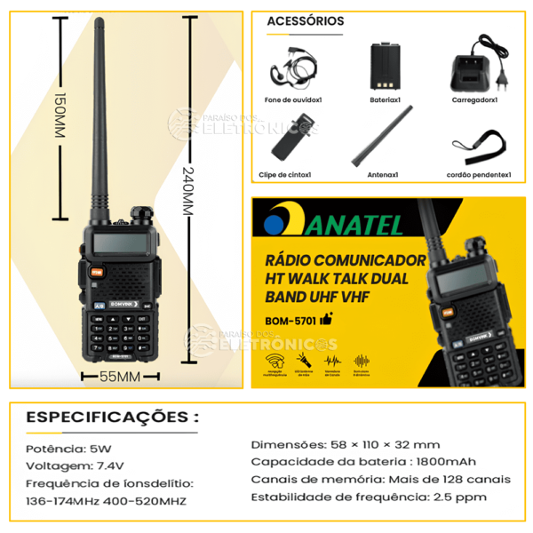 Rádio Comunicador Walk Talk 5w Ht Dual Band UHF VHF 128 Canais Com Lanterna Embutida - BOM5701 - Image 3