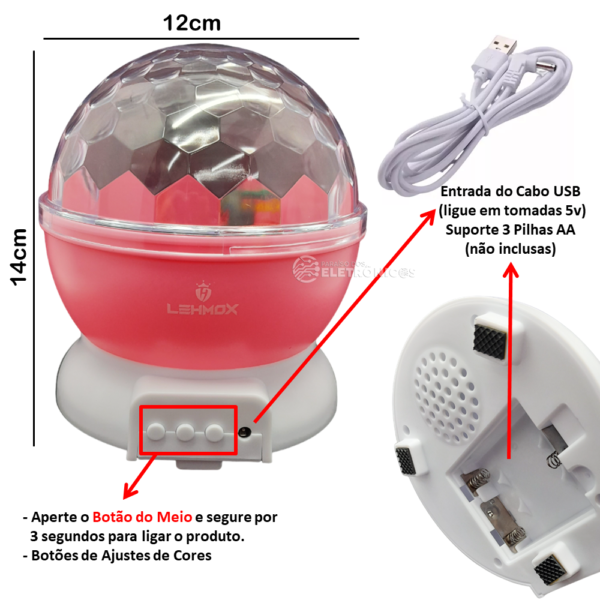 Globo de Luz Bola Mágica Com Projetor de Luzes e Efeitos Coloridos - Rosa LEY1737 - Image 7