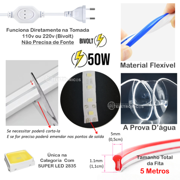 Fita Mangueira LED Neon Super Brilhosa 50w Bivolt 5mts A Prova D'água - Vermelho 170 - Image 3