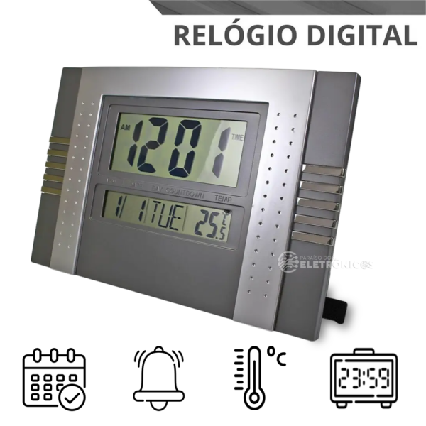 Relógio De Mesa Ou De Parede Digital Com Calendário e Termômetro - Cinza LE8117 - Image 6