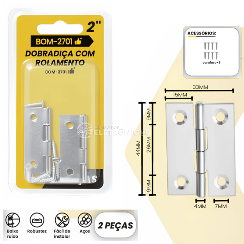 Kit 2 Dobradiças Com Rolamento 44mm x 33mm 2