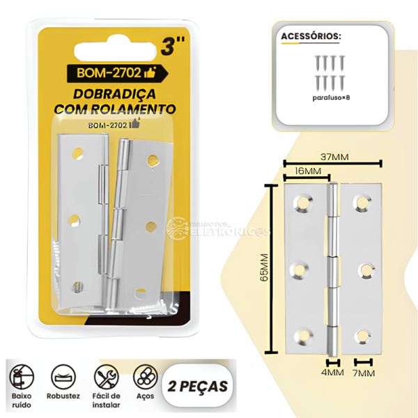 Kit 2 Dobradiças Com Rolamento 65mm x 37mm 3