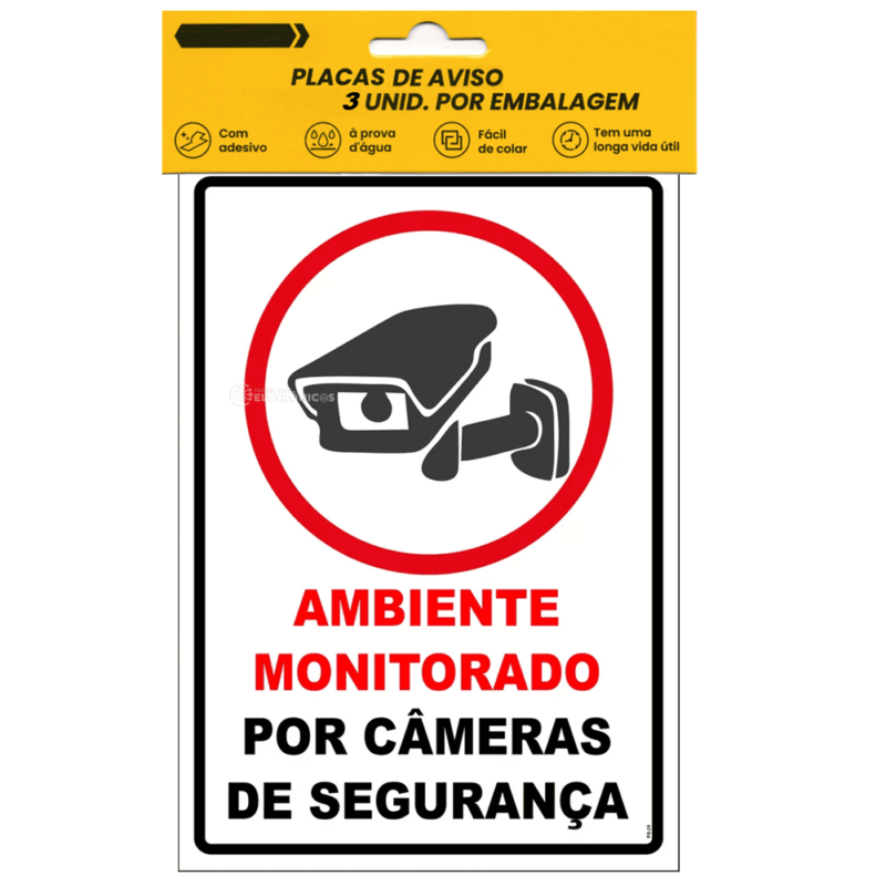 Kit 3 Placas Aviso e Sinalização Monitorado de Segurança