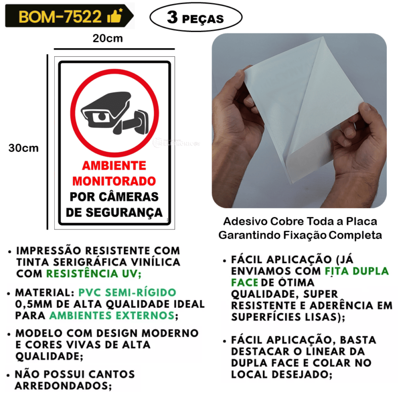 Kit 3 Placas Aviso e Sinalização Monitorado de Segurança