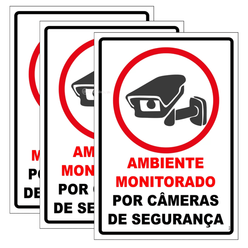 Kit 3 Placas Aviso e Sinalização Monitorado de Segurança