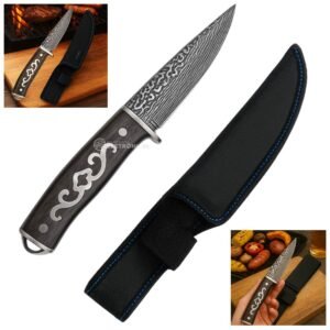 Faca em Aço Damasco com Cabo de Madeira e Bainha Reforçada Para Churrasco e Pesca - SLKA39