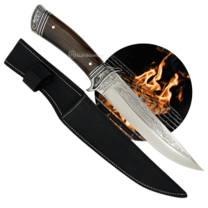 Faca Premium Aço Inox Gravado Arte Cabo Madeira Nobre e Bainha Nylon Full Tang - TF29