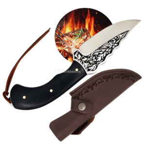 Faca Artesanal de Caça com Lâmina Decorada em Aço e Cabo de Madeira Preto com Bainha em Couro - MD9