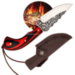 Faca Artesanal de Caça com Lâmina Decorada em Aço e Cabo de Madeira Vermelho com Bainha em Couro - MD9