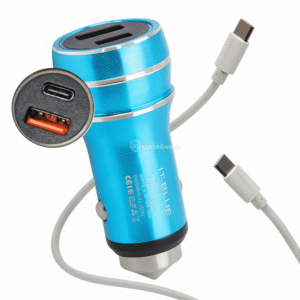 Carregador Veicular 2 Entradas USB 3.4A Ponta Quebra-Vidros Com Cabo USB-C de 1 Metro - Cor Azul LE531CC