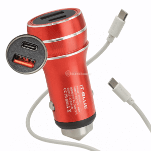 Carregador Veicular 2 Entradas USB 3.4A Ponta Quebra-Vidros Com Cabo USB-C de 1 Metro - Cor Vermelho LE531CC