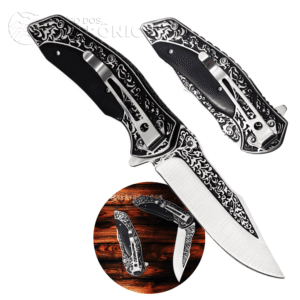 Canivete Elegante Rustico em Aço Inoxidável e Cabo em Madeira com Abertura Rápida Detalhes Preto - SLKD16