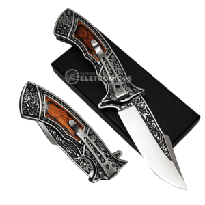 Canivete Tático Dobrável com Lâmina Curva e Cabo Ornamentado Resistente, Compacto Cabo Detalhes em Mogno - SLKD127