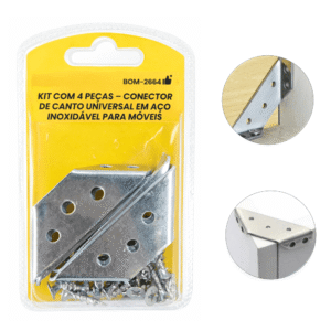 Kit 4 Conectores de Canto Universal em Ferro Galvanizado com Parafusos Reforço para Móveis e Estruturas - BOM2464