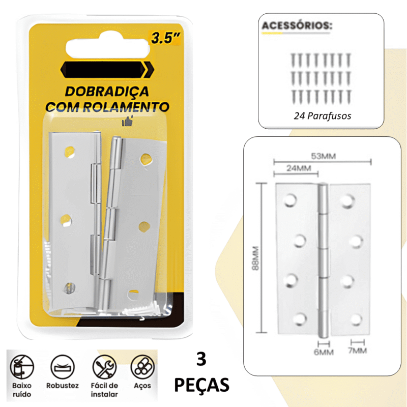 Kit 3 Dobradiças Com Rolamento 88mm x 53mm 3.5
