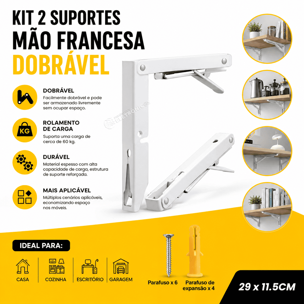 Kit 2 Suportes Mão Francesa 29cm Dobrável Para Prateleiras e Bancadas - BOM2742 - Imagem 3
