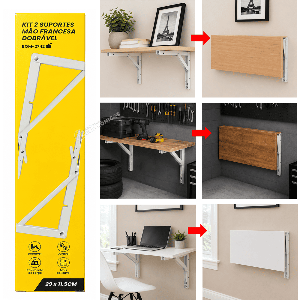 Kit 2 Suportes Mão Francesa 29cm Dobrável Para Prateleiras e Bancadas - BOM2742 - Imagem 2