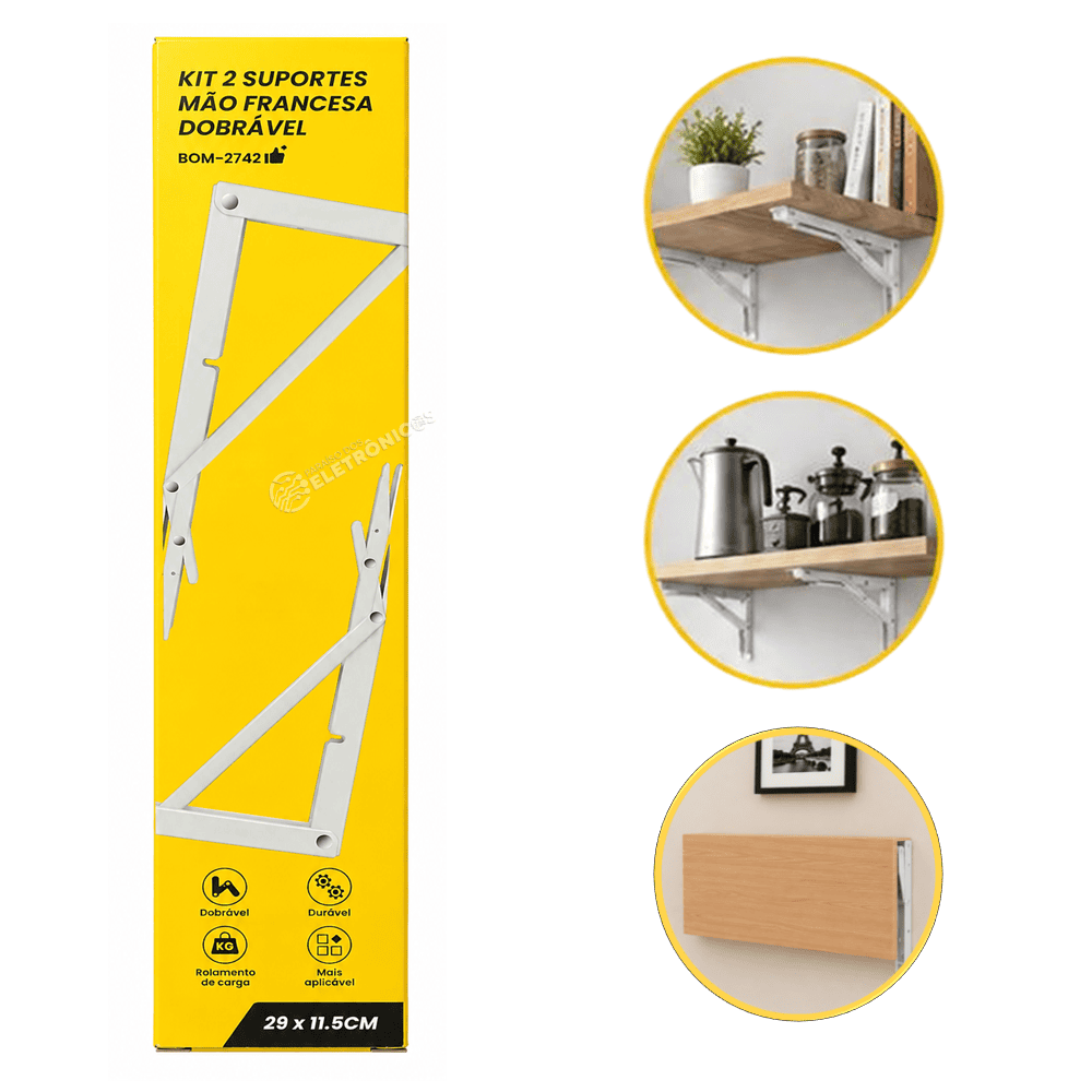 Kit 2 Suportes Mão Francesa 29cm Dobrável Para Prateleiras e Bancadas - BOM2742