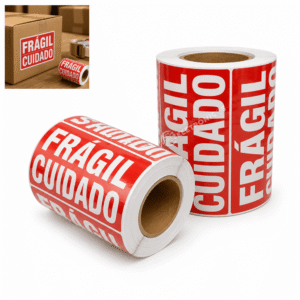 Kit 2 Rolos Etiqueta Adesiva Frágil Cuidado 9x5cm Rolo c/ 500 Unidades - BOM1397