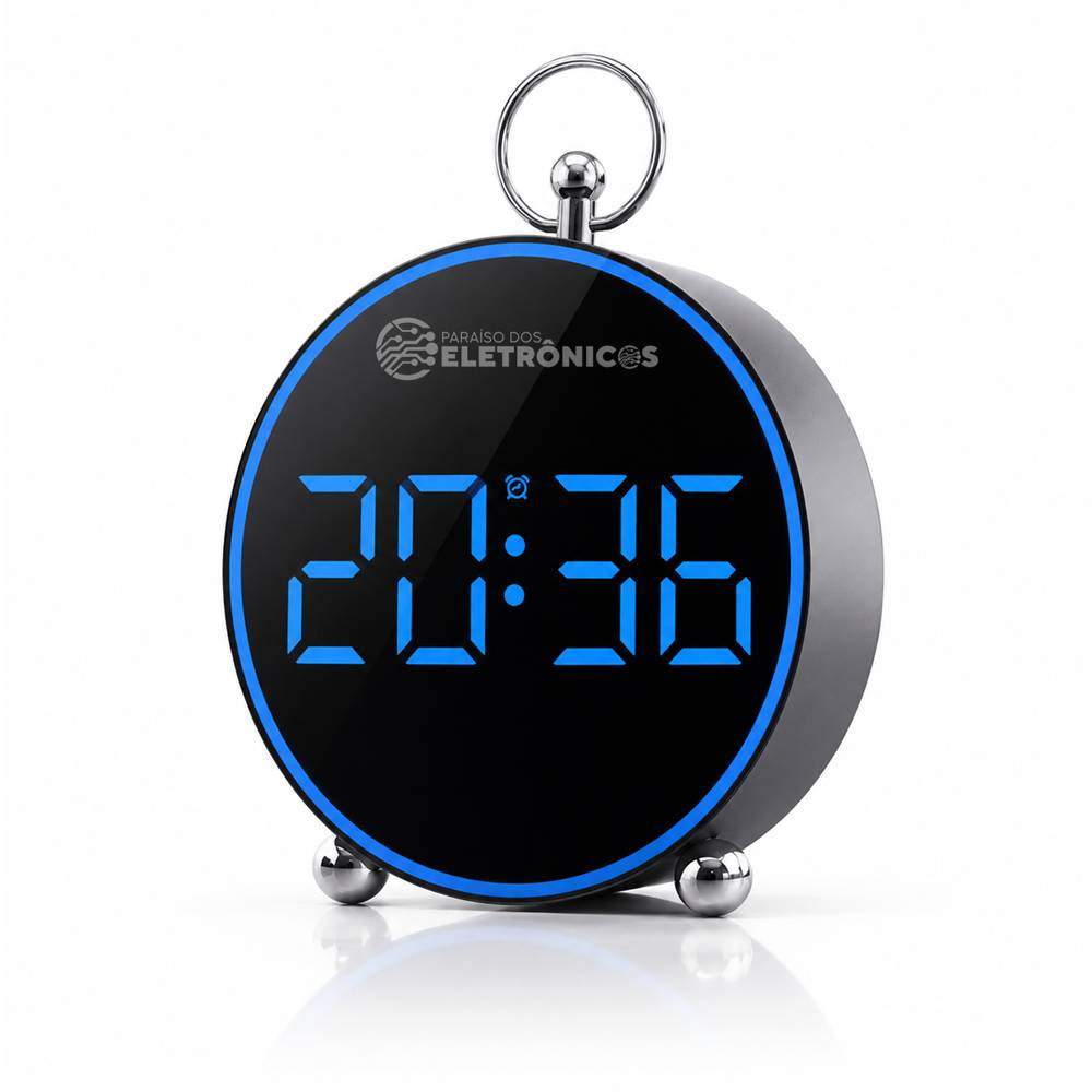 Relógio Digital LED Azul Redondo12/24h Alarme Temperatura e Calendário - GH8025