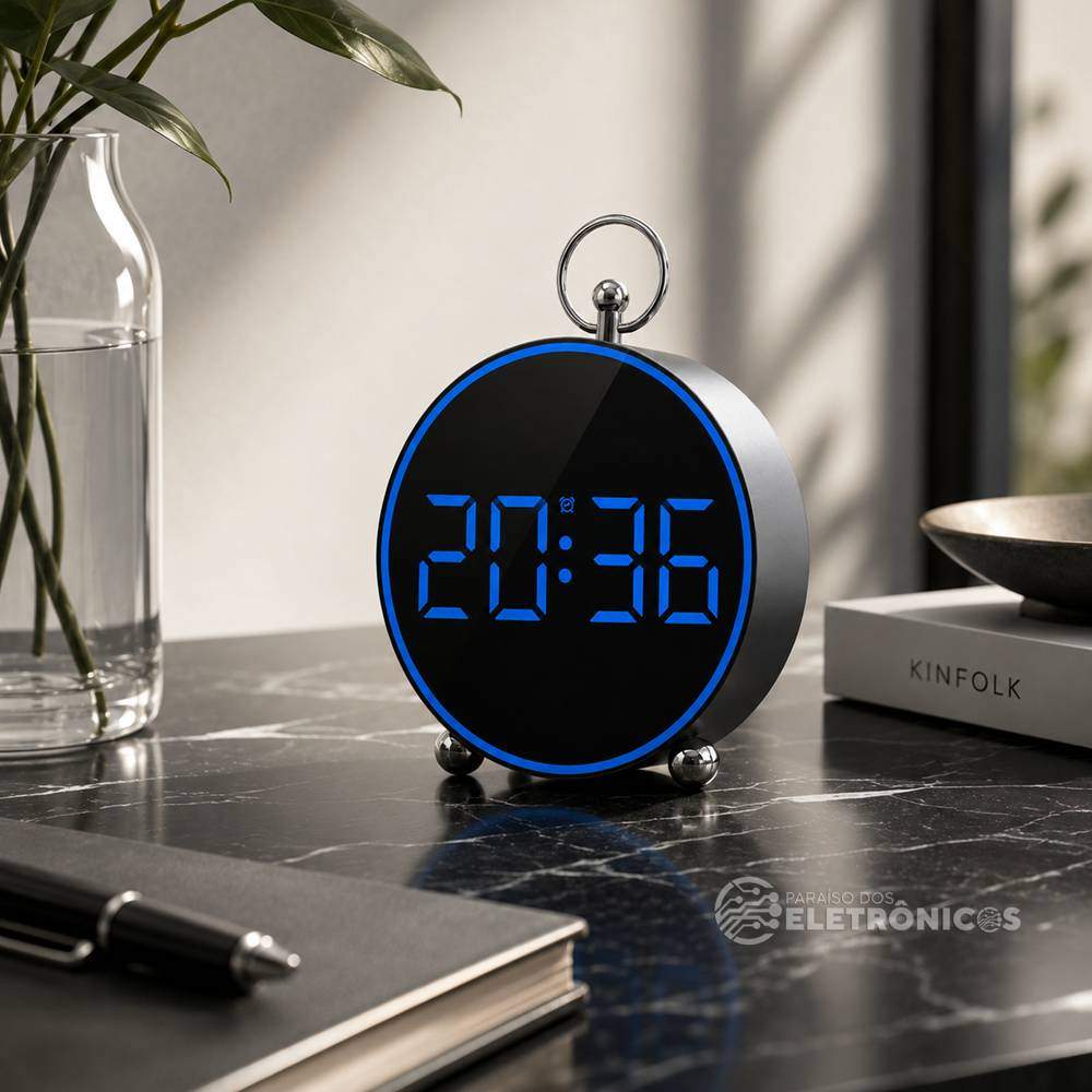 Relógio Digital LED Azul Redondo12/24h Alarme Temperatura e Calendário - GH8025 - Imagem 2