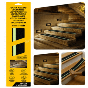 2 Folhas Antiderrapante Autoadesiva C/ Faixas Fotoluminescentes 60cm - BOM1362