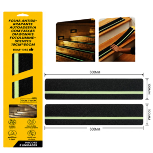 2 Folhas Antiderrapante Autoadesiva C/ Faixas Fotoluminescentes 60cm - BOM1362