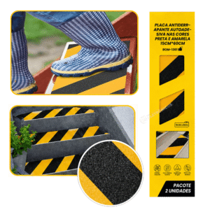 2 Placas Antiderrapante Autoadesiva Preta e Amarela 15cm x 60cm – BOM1361