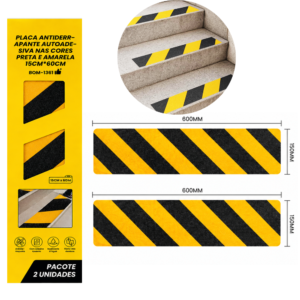 2 Placas Antiderrapante Autoadesiva Preta e Amarela 15cm x 60cm – BOM1361