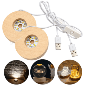 Kit 2 Bases Madeira 7,7cm Com LED Branco Morno P/ Objetos Translúcidos - 23223