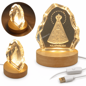 Cristal Nossa Senhora Aparecida Base Madeira 7,7cm USB LED Branco Morno - KIT116