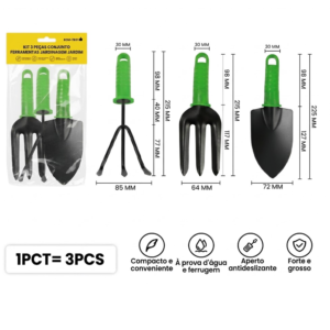 Kit Jardinagem 3 Peças Com Pá Garfo E Ganchinho De Mão E Rastelo - BOM7601