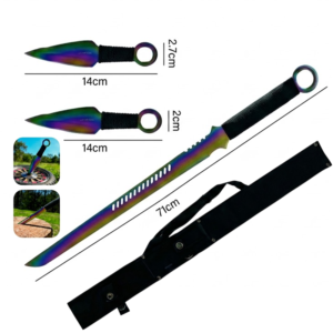 Kit Facão Tático 71cm E 2 Facas Kunai Camaleão Com Bainha Para Corte - SLKK80