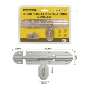 Trinco Tramela Aço Inox 15cm com Trava fechadura para Porta e Janela - BOM2726