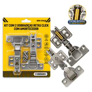 Kit com 2 Dobradiças Retas Click com Amortecedor - BOM2746