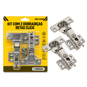 Kit com 2 Dobradiças Retas Click Para Armários e Gabinetes - BOM2745