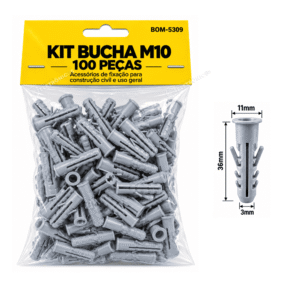Kit 100 Buchas M10 Nylon para Fixação em Parede Concreto e Alvenaria – BOM5309